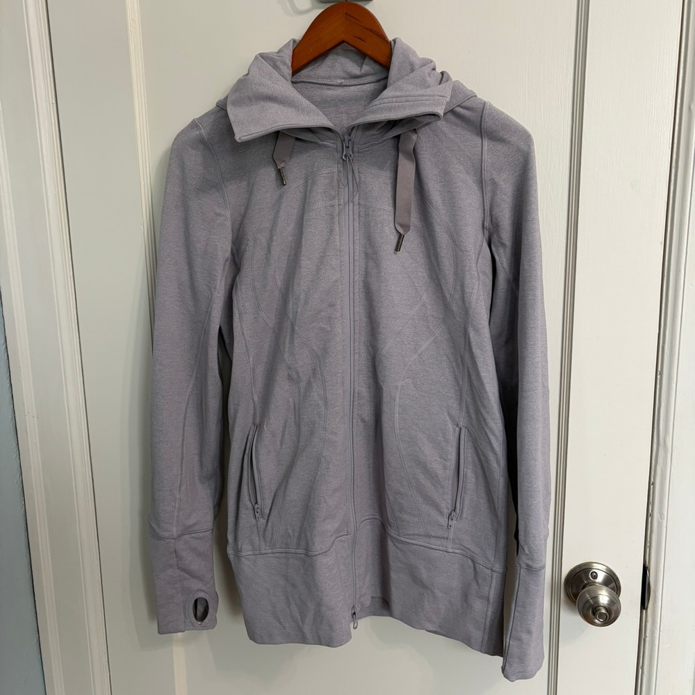 Lululemon Grey Long Full-Zip Hooded Jacket Pockets Thumbholes Sz 8 *Mark